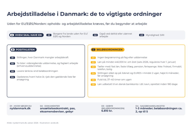 Diagram over arbejdstilladelse i Danmark: hvem skal have en A1–A3, positivlisten B1–B4, beløbsordningen C1–C6, sådan søger du D1–D4