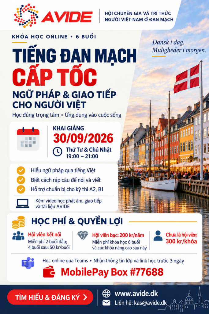 Poster khóa tiếng Đan Mạch AVIDE: khai giảng 30/09/2026, 6 buổi online qua Teams, học phí và quyền lợi hội viên.