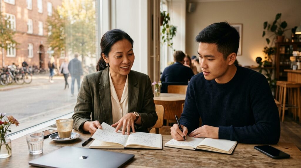 Hai người Việt trò chuyện bên bàn trong một quán cà phê ở Copenhagen, người lớn tuổi hơn giải thích trên cuốn sổ, người trẻ ghi chép