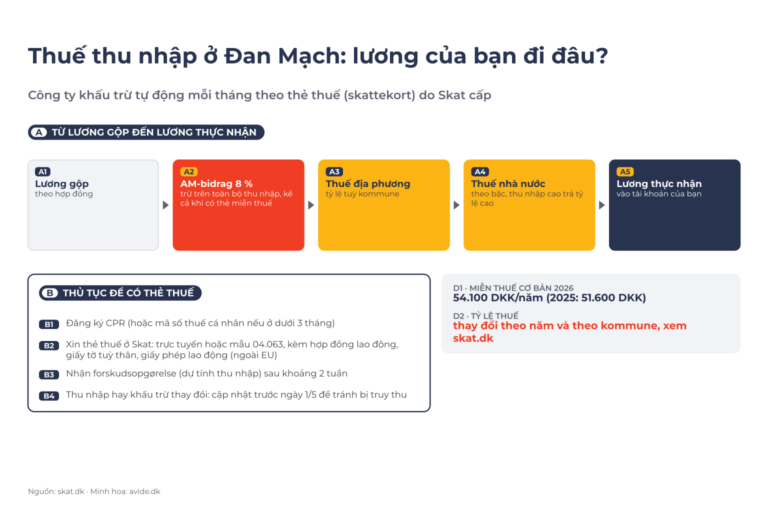 Sơ đồ thuế thu nhập Đan Mạch: từ lương gộp đến lương thực nhận A1–A5 (AM-bidrag 8 %, thuế địa phương, thuế nhà nước); thủ tục xin thẻ thuế B1–B4; miễn thuế cơ bản và tỷ lệ D1–D2